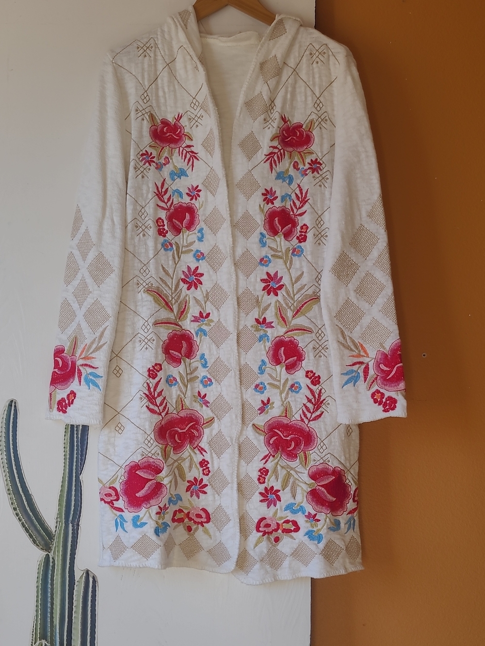 Cream Hooded Embroidered Floral Cardigan